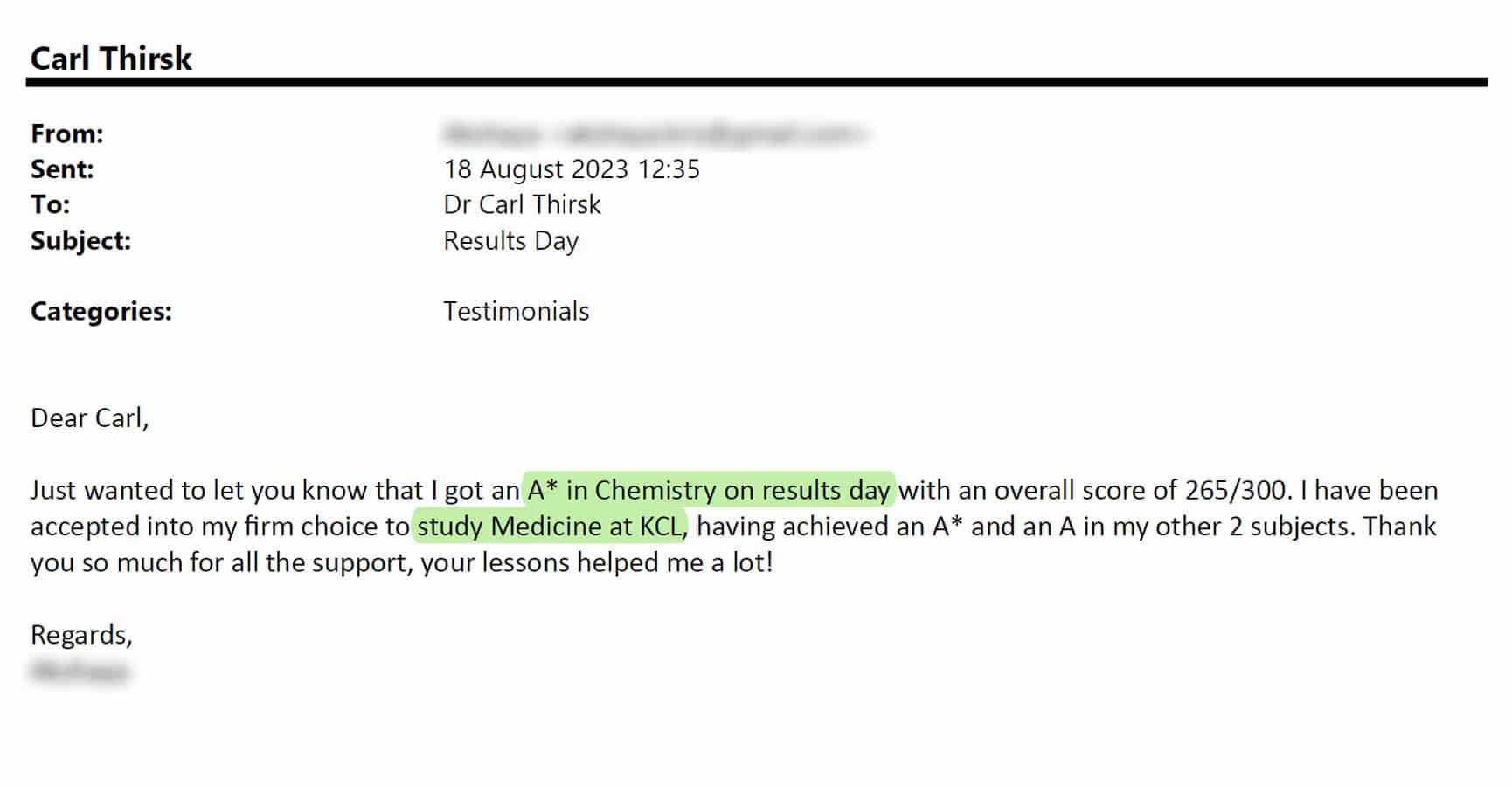 A testimonial email for A-Level chemistry