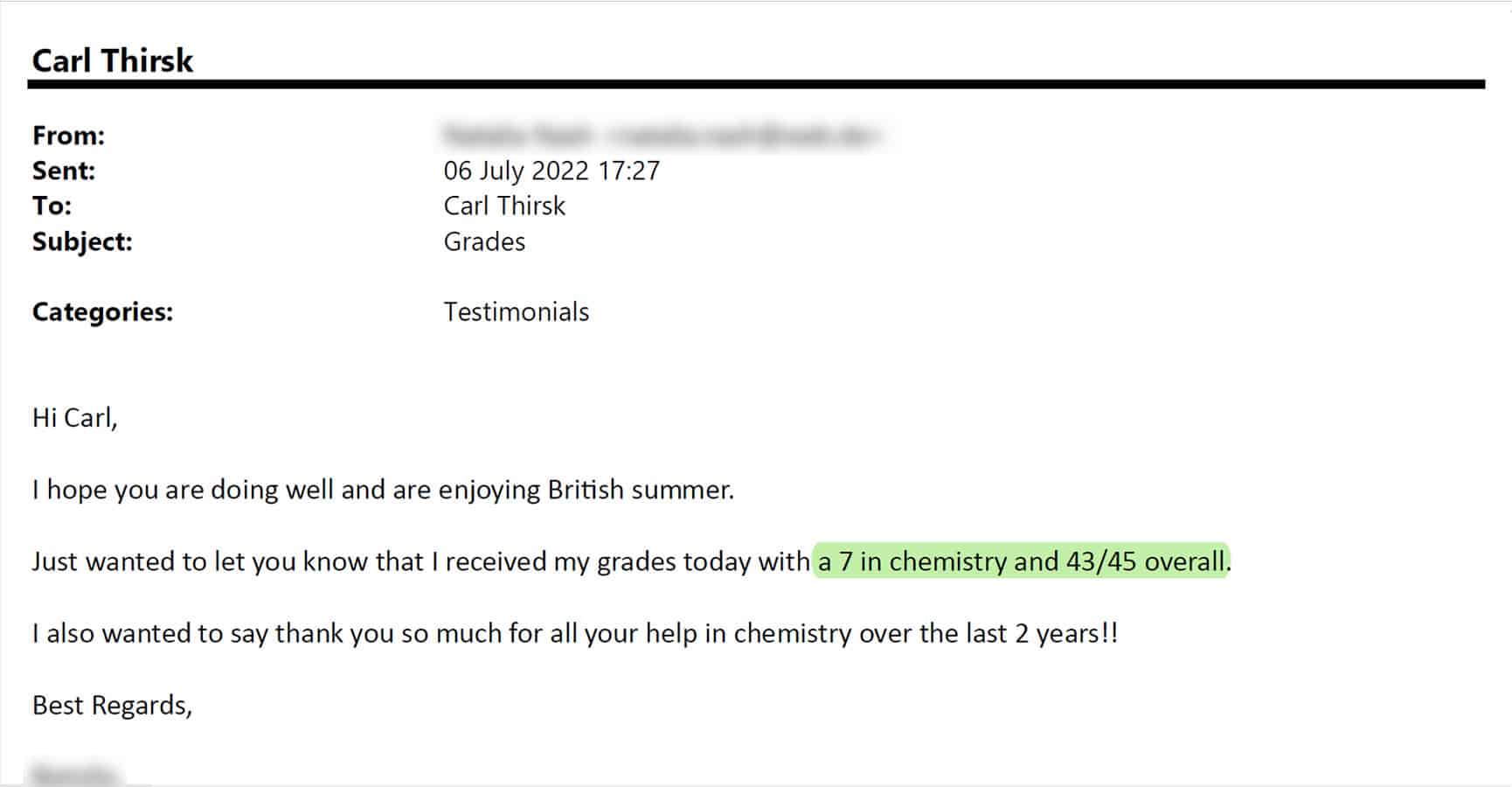 A testimonial email from an IB student